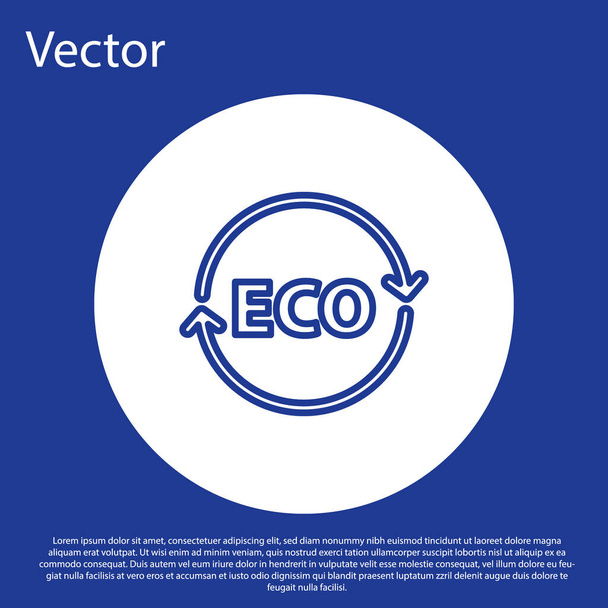 Blue line Banner, label, tag, logo for eco green healthy food icon isolated on blue background. Organic product. Healthy food sticker. White circle button. Vector. - Vetor, Imagem