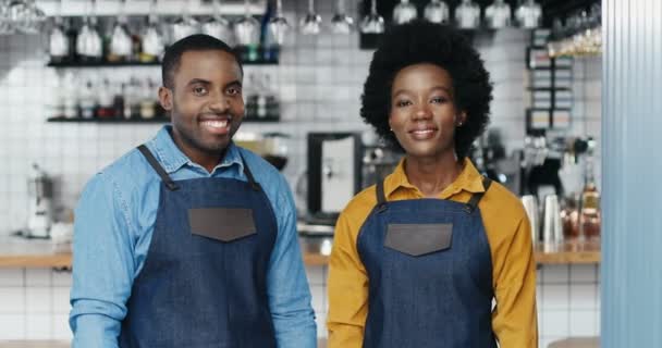 Portrét mladého afroamerického veselého páru barmanů v zástěrách, kteří se radostně usmívají. Šťastný číšník a servírka pózují v kavárně. Radostný muž a žena, baristi v práci. Úloha v provozu. - Záběry, video