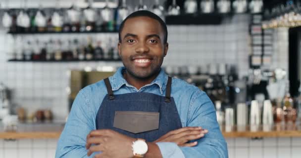 Πορτρέτο της Αφρικής Αμερικανός χαρούμενος νεαρός όμορφος άντρας barista στέκεται στον πάγκο στο μπαρ, κοιτάζοντας κάμερα και σταυρώνουν τα χέρια. Ευτυχισμένος σερβιτόρος χαμογελώντας στο καφέ με τον εξοπλισμό ποτών στο παρασκήνιο. - Πλάνα, βίντεο