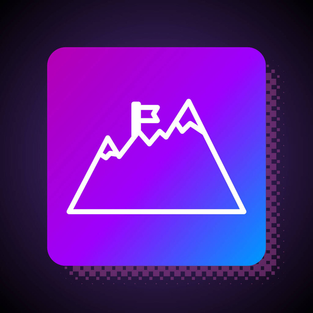 White line Mountains with flag on top icon isolated on black background. Symbol of victory or success concept. Goal achievement. Square color button. Vector. - Vector, Image