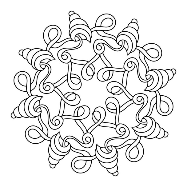 Ronde met de hand getekende decoratieve element. Mandala met schelpen en kolken. Decor of kleurboek voor kinderen en volwassenen. Vector illustratie. Zwart-wit - Vector, afbeelding