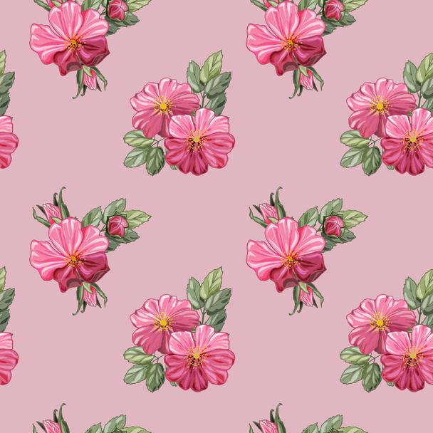Seamless pattern with pink wild roses. Endless texture for floral design. - Vector, Image