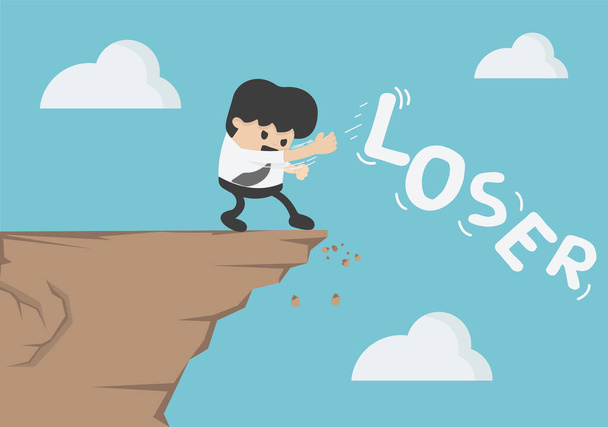 illustration in cartoon  young businessman dumps message loser down the cliff - Vector, Image