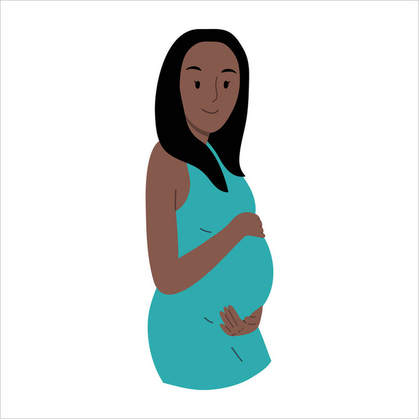 Donna incinta sorridente in abito blu in attesa della nascita del bambino.Buon periodo di gravidanza. Illustazione disegnata a mano vettoriale isolata su sfondo bianco. - Vettoriali, immagini