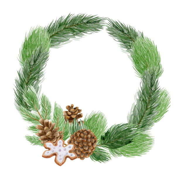 Christmas chaplet with pine cones and branches watercolor illustration. Hand painted holiday wreath with christmas cookie isolated on white background. - Fotografie, Obrázek