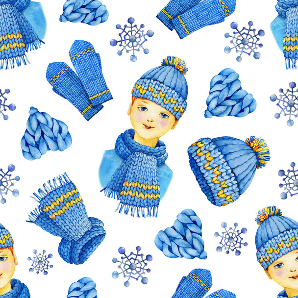 Seamless pattern with a boy in a knitted hat, scarf, mittens, yarn. Knitting and crocheting. Hand drawn watercolor illustration for design of wallpaper, packaging, wrapper, cover, fabric. - Photo, Image