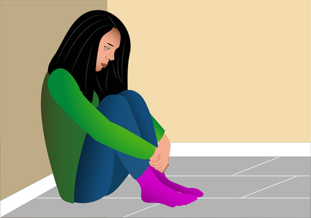 Depresja dziewczyna siedzi na podłodze z kolanami zgięte trzymając je w dniu depresji - Wektor, obraz