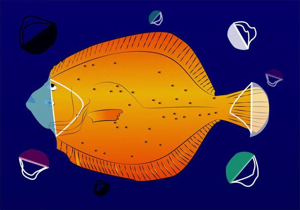Turbot surrounded by masks on the seabed - Vector, Image