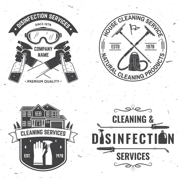 Set of Disinfection and cleaning services badge, logo, emblem. Vector For professional disinfection and cleaning company. Vintage typography design with disinfectant and cleaning equipments - Вектор,изображение