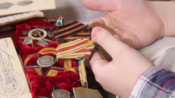 Kadınlar ve çocukların elleri İkinci Dünya Savaşı madalyalarını sıralıyor. - Video, Çekim