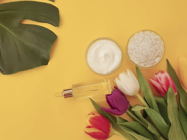 crème cosmetische bloem tulp op gekleurde achtergrond - Foto, afbeelding