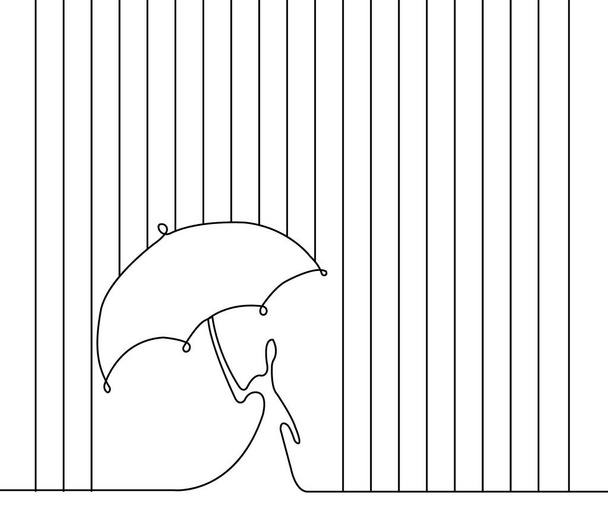 Line art. A person with umbrella under the rain. Autumn concept. - Vector, Image