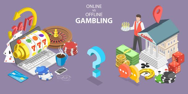 Gioco d'azzardo online vs gioco d'azzardo tradizionale, pro e contro. Illustrazione vettoriale piatto isometrico 3D. - Vettoriali, immagini