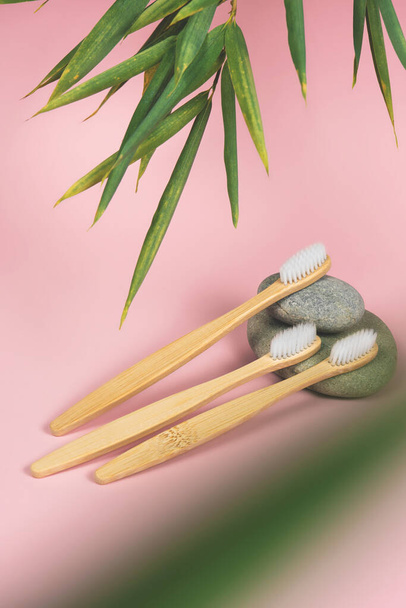 csendélet bambusz fogkefékkel, kövekkel és bambuszlevelekkel rózsaszín alapon - Fotó, kép