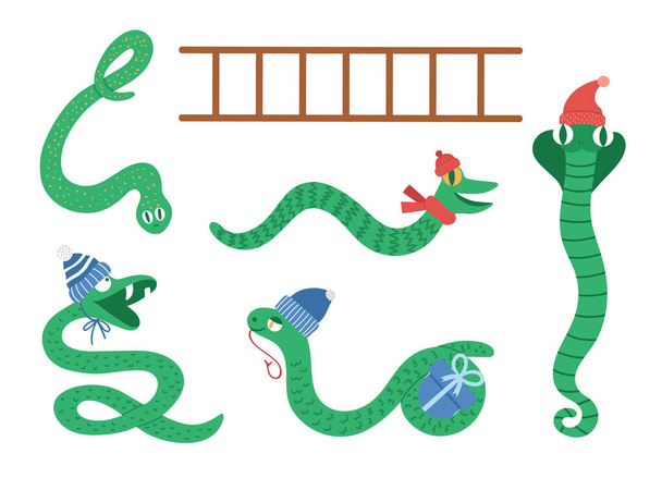 Змеи и лестница клипарт. Смешные рождественские животные в шляпах и шарфах для образовательной настольной игры. Симпатичная зимняя иллюстрация змеи на белом фоне - Вектор,изображение