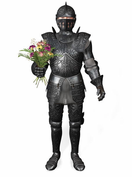 花束を保持している鎧を着た騎士. - 写真・画像