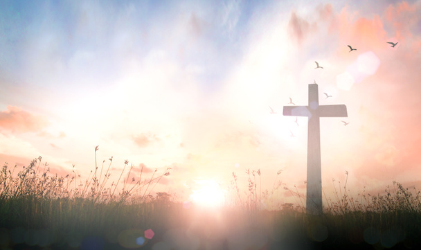 Concepto del día de la Ascensión: La cruz en el prado otoño amanecer fondo - Foto, imagen