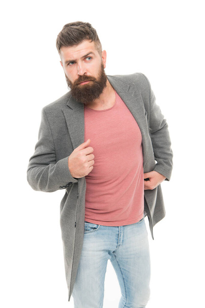 Comfortable outfit. Man bearded hipster stylish fashionable jacket. Casual jacket perfect for any occasion. Consultation of stylist. Modern outfit. Stylish casual outfit. Menswear and fashion concept - Фото, изображение
