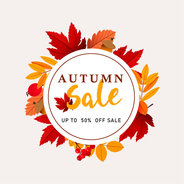  Autumn sale concept design with flat leaves background. Big autumn discounts. Vector illustration - Vector, Image