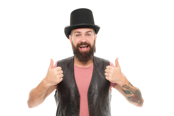 Circus magic trick performance. Magician circus worker. Man bearded guy cheerful face solve problem as magician. Magician character. Magician trick performance concept. Ready to see some magic - Fotó, kép