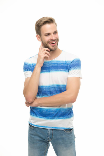 he is so pleased. expressing human emotions. bearded sexy man wearing casual shirt. male spring fashion style. mens facial care and beauty. having trendy haircut. smiling guy with unshaven face - Foto, afbeelding