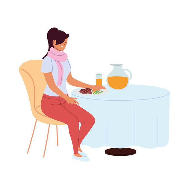 νεαρή γυναίκα που κάθεται σε ένα εστιατόριο τρώγοντας μόνη σε λευκό φόντο - Διάνυσμα, εικόνα