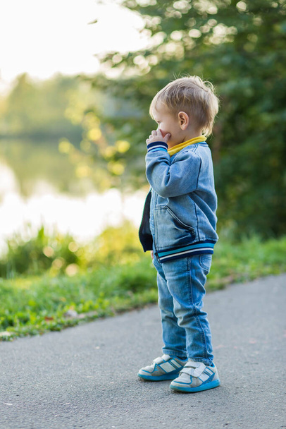 Little boy near a pond in a city park one autumn evening. - Photo, image
