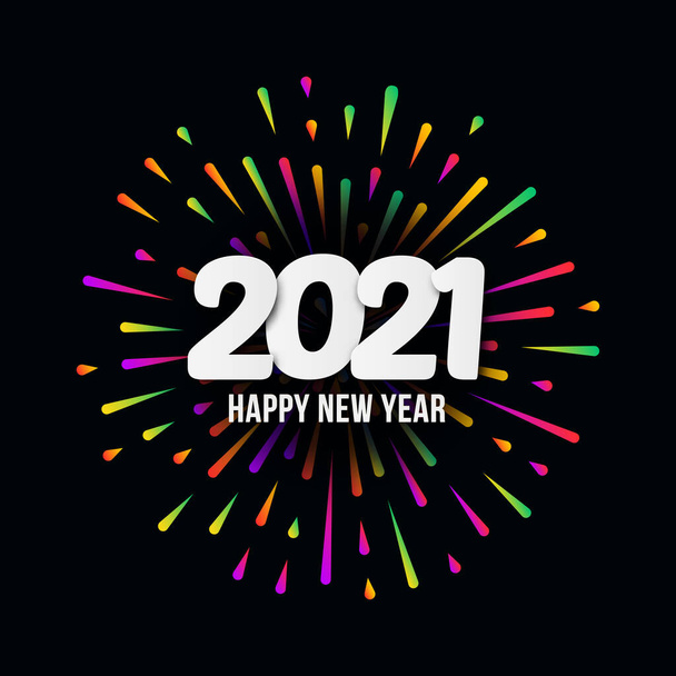 Вектор 2021 года - Новый год с праздничной типографской композицией и разноцветными фейерверками. Плакат, баннер, поздравительные открытки для печати, шаблон дизайна для Счастливого Рождества, Год Быка - Вектор,изображение