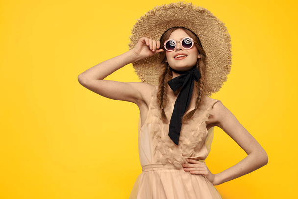 romantic lady in straw hat sunglasses model dress emotions - Photo, Image