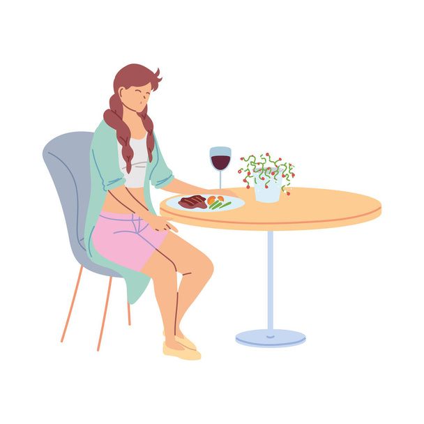 Νεαρή γυναίκα κάθεται σε ένα εστιατόριο τρώγοντας δείπνο με ένα ποτήρι κρασί σε λευκό φόντο - Διάνυσμα, εικόνα