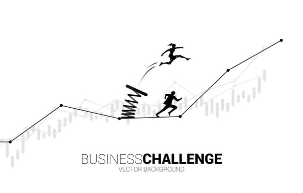 Silhouette of businesswoman jump over head the other on graph with spring. Concept of boost and growth in business. - Vector, Image