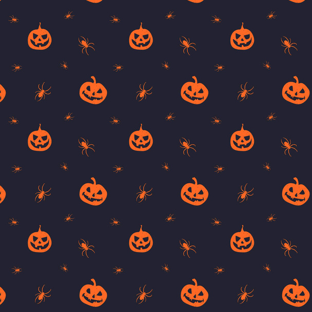 Vector seamless horror pattern for Helloween. Spooky smiling pumpkin with spiders around. Orange silhouette on black background. - Wektor, obraz
