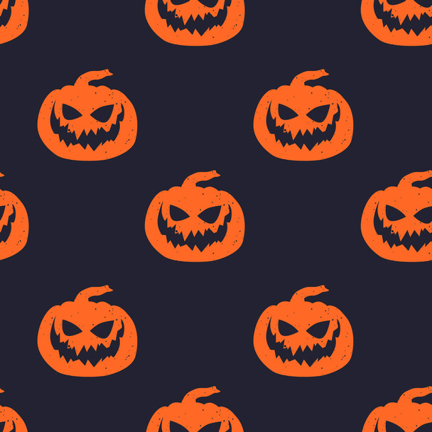 Vector seamless horror pattern for Helloween. Spooky smiling pumpkin. Orange silhouette on black background. - Wektor, obraz
