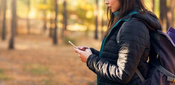 Mulher irreconhecível com smartphone em madeiras de outono - Foto, Imagem