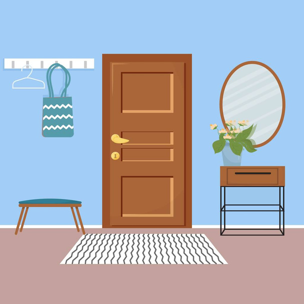 Interior vetorial do corredor com móveis em estilo plano de desenhos animados. Modelo de entrada da porta da casa, espelho, mobiliário branco em estilo minimalista - Vetor, Imagem