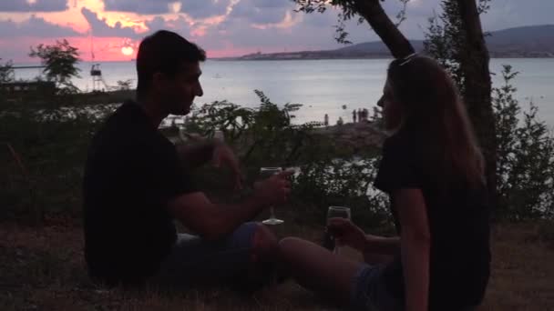 Aimer couple heureux boire du vin rouge près de la plage de la mer pendant l'heure du coucher du soleil. Les médias. Homme et femme bavardant assis sur le sol près de l'herbe verte et des buissons. - Séquence, vidéo