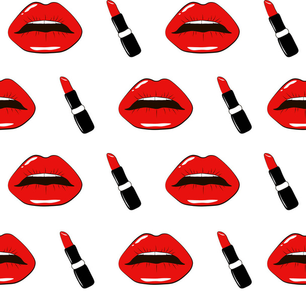 白い背景に口紅で隔離された女性の赤いセクシーな唇。カラフルな手描きロマンチックなテクスチャファッションイラスト用あなたのデザインカード、休日包装紙、繊維など - 写真・画像