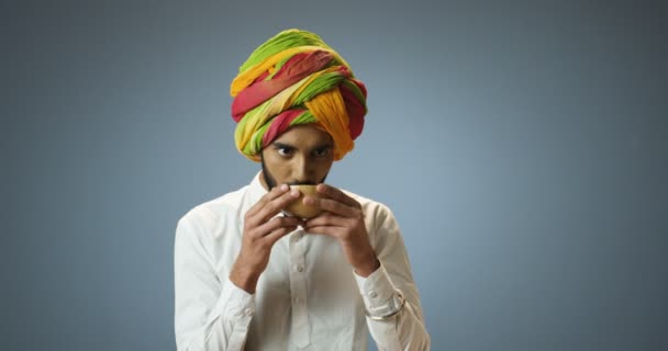 Knappe jonge Hindoe man in traditionele kleurrijke tulband en met baard nippen warme drank uit beker. Aantrekkelijke Indiase man drinken thee en glimlach op grijze muur achtergrond. - Video