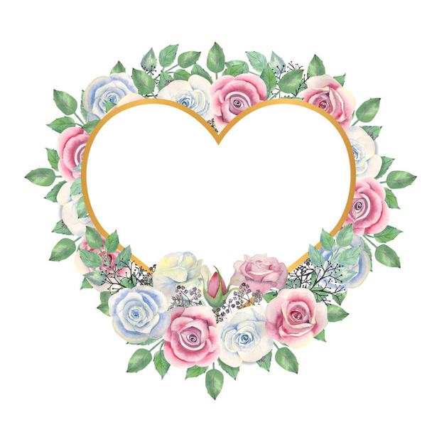 Blue and pink roses flowers, green leaves, berries in a gold heart-shaped frame. Wedding concept with flowers. Watercolor compositions for the decoration of greeting cards or invitations. - Фото, изображение