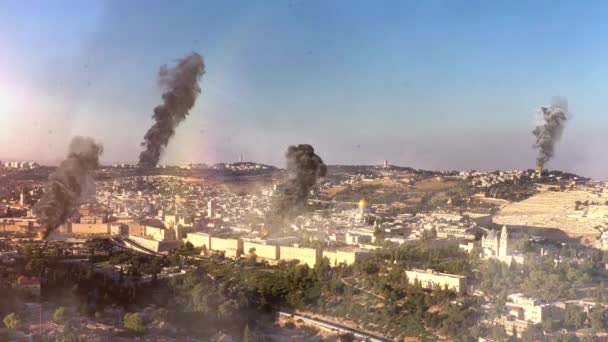 Jérusalem en guerre avec fumée et feu- vue aérienne Drone en direct Images d'action avec des éléments d'effet visuel, vieille ville, Jérusalem Est-4K  - Séquence, vidéo