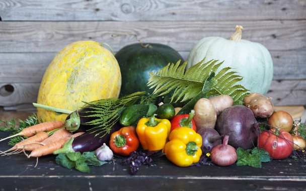Autumn harvest. Free copy space. Various natural vegetables and fruits, grown in the country, on a dark wooden background. - Photo, Image