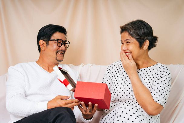 Romantic senior couple giving happy birthday gift box on a couch. - Photo, Image