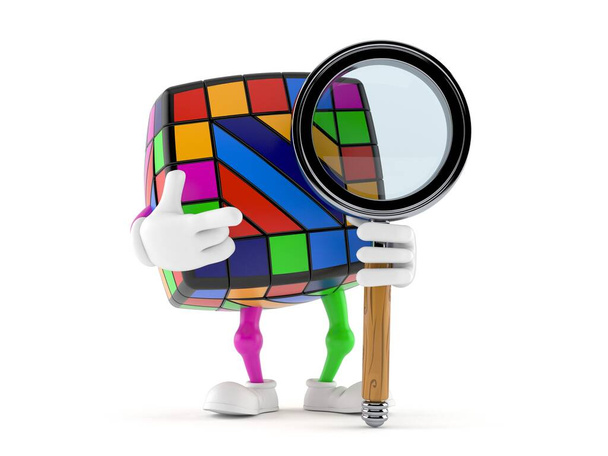 Speelgoedpuzzel karakter met vergrootglas geïsoleerd op witte achtergrond. 3d illustratie - Foto, afbeelding