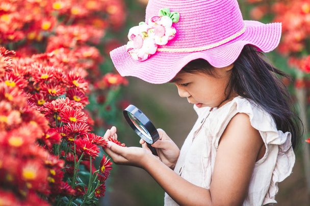 Cute asian child girl looking beautiful flower through a magnifying glass in the flower field - Photo, Image