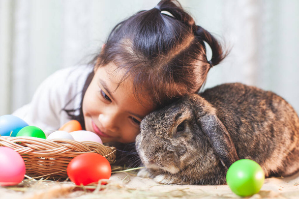 Cute asian child girl playing with cute Holland lop rabbit with love and tenderness at easter festive - Foto, afbeelding
