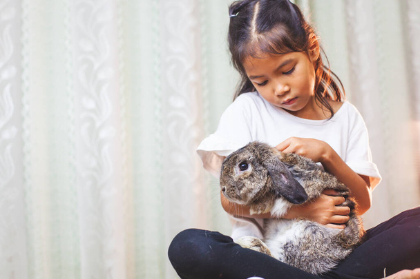 Cute asian child girl carrying and playing with cute Holland lop rabbit with love and tenderness at easter festive - Foto, imagen