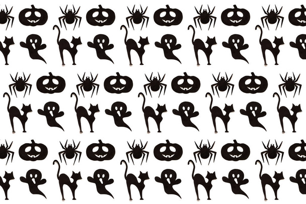 Halloween pattern. Cartoon black collection on white background. Paper art. Happy hallowen holiday concept - Foto, Imagem