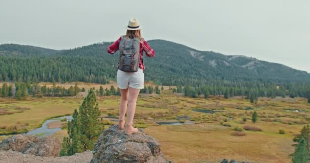 Junge Frau im roten Hemd steht an einem Frühherbsttag auf dem Gipfel des Berges - Filmmaterial, Video