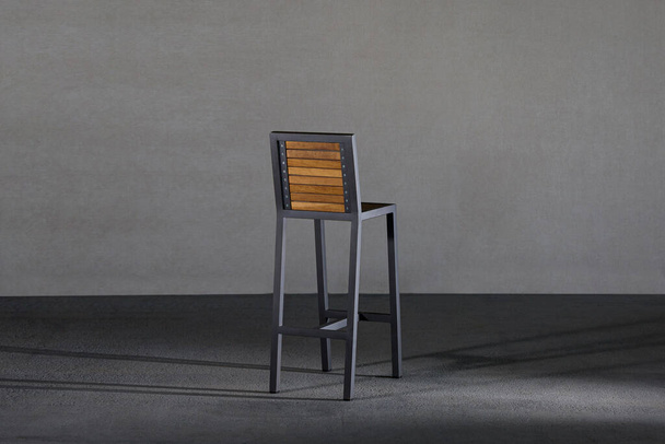 A wooden stool with metal legs in a studio - Fotoğraf, Görsel