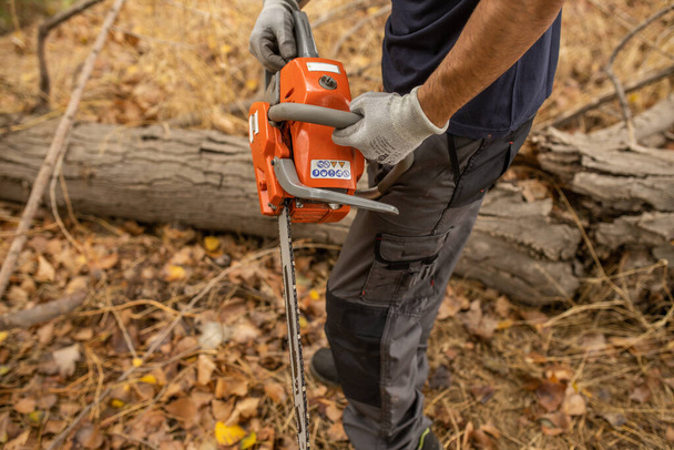 A closeup of a lumberjack with a chainsaw in a forest - 写真・画像
